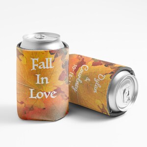 Fall In Love, Autumn Wedding Can Coolers + Custom Names & Date | Dye-sublimated Can Coolers