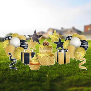 Accesorios con destellos amarillos, juego de 12 tarjetas de cumpleaños para jardín y letreros de césped