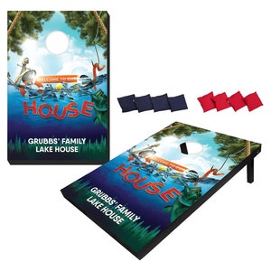 Welcome To Our Lakehouse + Custom Last Name Cornhole Boards, Bean Bag Toss Yard Game