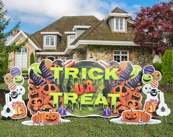 Oversized Trick or Treat Yard Card Display | 7pc Halloween Yard Signs | Yard Card Rental Business