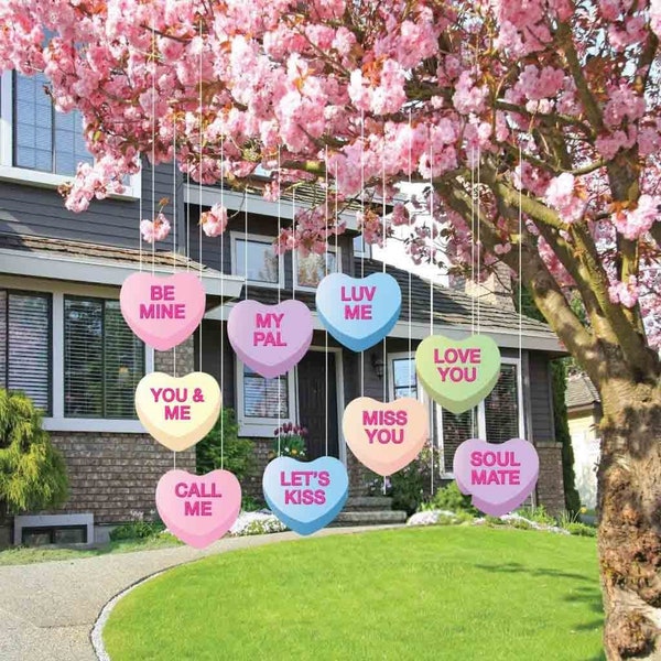 14" Hanging Valentine Candy Hearts, 9pc Valentines Day Yard Art, Yard Card Lawn Sign Set