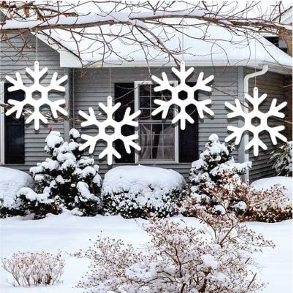 Copos de nieve colgantes gigantes de 18", 15 piezas de arte navideño para el jardín, juego de letreros para césped con tarjeta de jardín
