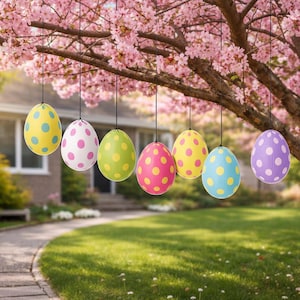 32 Hanging Easter Eggs Decorations – 4.5” Colorful 2D Easter Tree Ornaments – Outdoor Corrugated Plastic