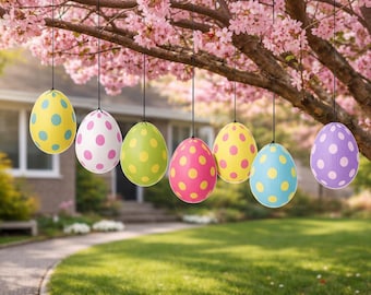 32 Hanging Easter Eggs Decorations – 4.5” Colorful 2D Easter Tree Ornaments – Outdoor Corrugated Plastic