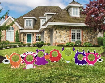 Cute Monster Cut Out Photo Props, 7pc Halloween & Birthday Yard Card Lawn Sign Set