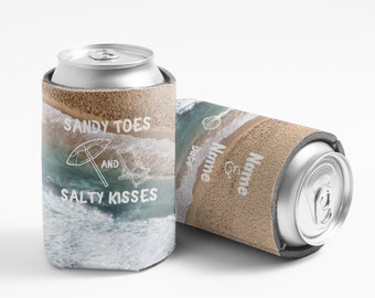 Custom Beach Wedding Can Coolers: Salty Kisses and Sandy Toes Design
