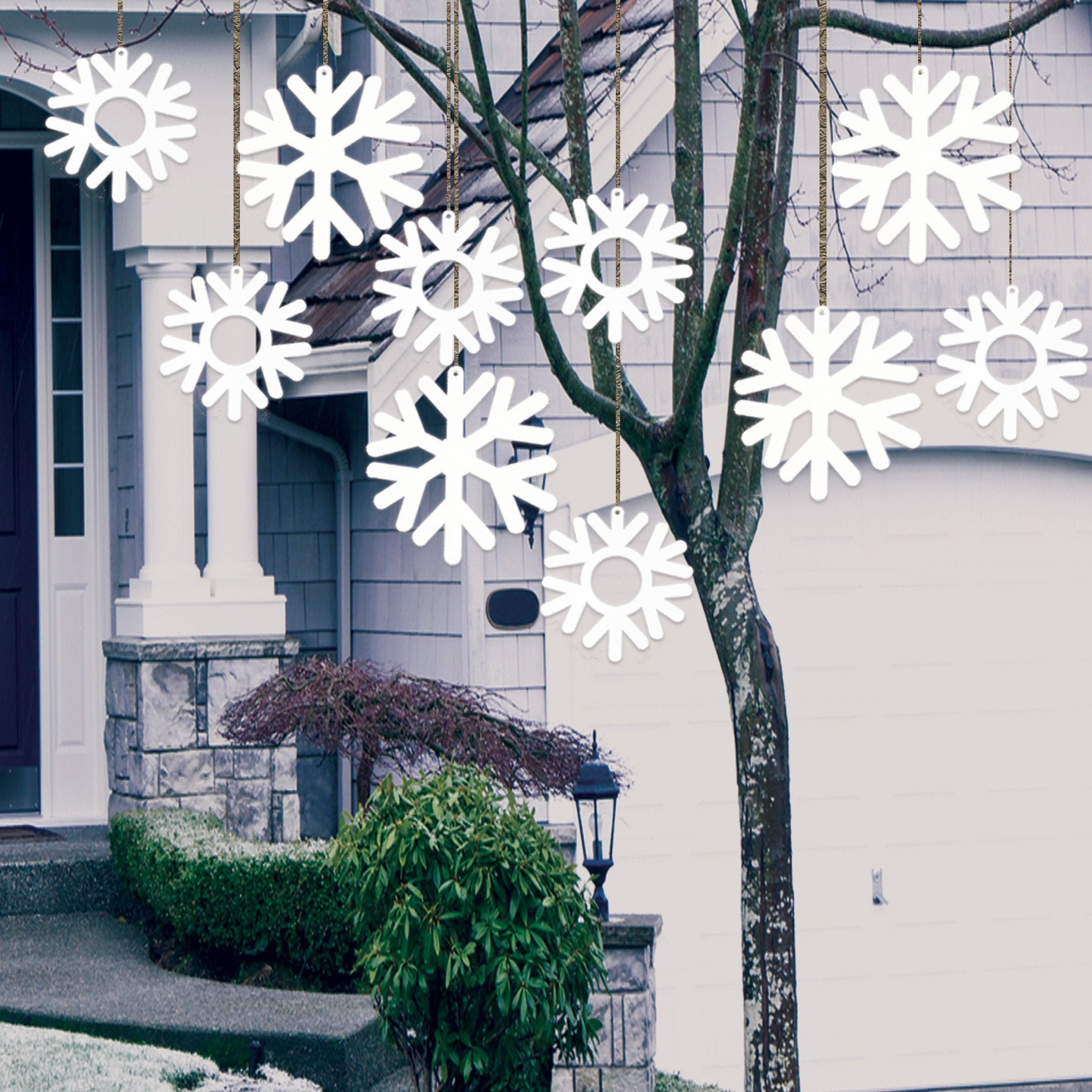 8" & 10" Flat Plastic Hanging Snowflakes | 10pc Christmas Yard Art | Yard Card Lawn Sign Set