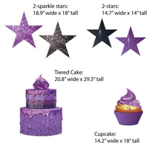 May include: Purple and black glitter star cake toppers, a two-tiered purple cake with dripping icing, and a purple cupcake with gold sprinkles. The cake toppers are 18.9 inches wide and 18 inches tall. The cake is 20.8 inches wide and 29.5 inches tall. The cupcake is 14.2 inches wide and 18 inches tall.