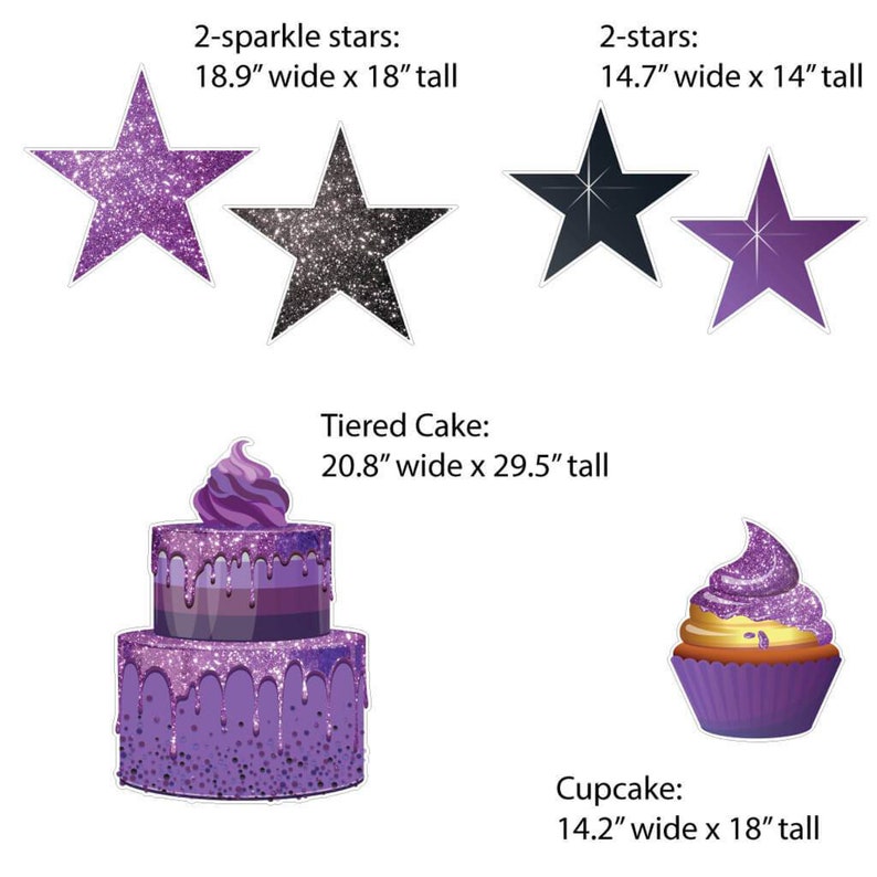 May include: Purple and black glitter star cake toppers, a two-tiered purple cake with dripping icing, and a purple cupcake with gold sprinkles. The cake toppers are 18.9 inches wide and 18 inches tall. The cake is 20.8 inches wide and 29.5 inches tall. The cupcake is 14.2 inches wide and 18 inches tall.