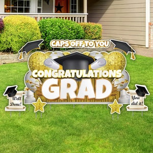 Exhibidor de tarjetas de jardín extragrandes amarillas "Felicitaciones Graduado" / Letreros de jardín para fiesta de graduación (8 piezas) / Negocio de alquiler de tarjetas de jardín