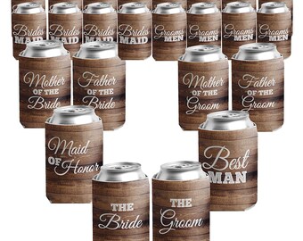 Rustic Wedding Party Can Coolers: Bride, Groom, Bridal Party - Set of 24