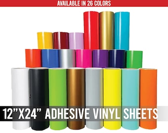 May include: A collection of 12" x 24" adhesive vinyl sheets in various colors, including red, yellow, blue, and green. The image displays rolls of vinyl, with the text "AVAILABLE IN 26 COLORS" at the top.