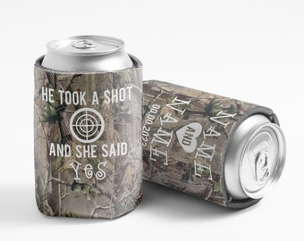 Camo Wedding Can Coolers: Custom Names & Date, Rustic Design, He Took A Shot