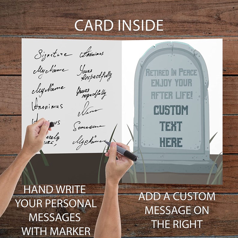 K&ouml;nnte beinhalten: Eine Gru&szlig;karte mit einem Grabstein-Design mit der Aufschrift "Retired in Peace, Enjoy Your After Life!" und Platz f&uuml;r individuellen Text. Die Karte bietet auch Platz f&uuml;r handschriftliche Nachrichten mit einem Marker.