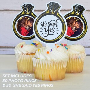 Gyufise He Asked She Said Yes Cupcake Toppers Gold Glitter Diamond Ring Heart Love Cake Picks for Wedding Engagement Party Cake Decoration 24 Pack