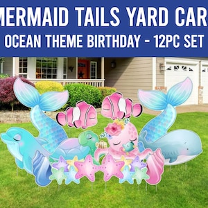 Mermaid Tails & Sea Creatures Lawn Decorations | Ocean Theme Yard Sign | Under The Sea Party Theme | Yard Card Rental Business Kit