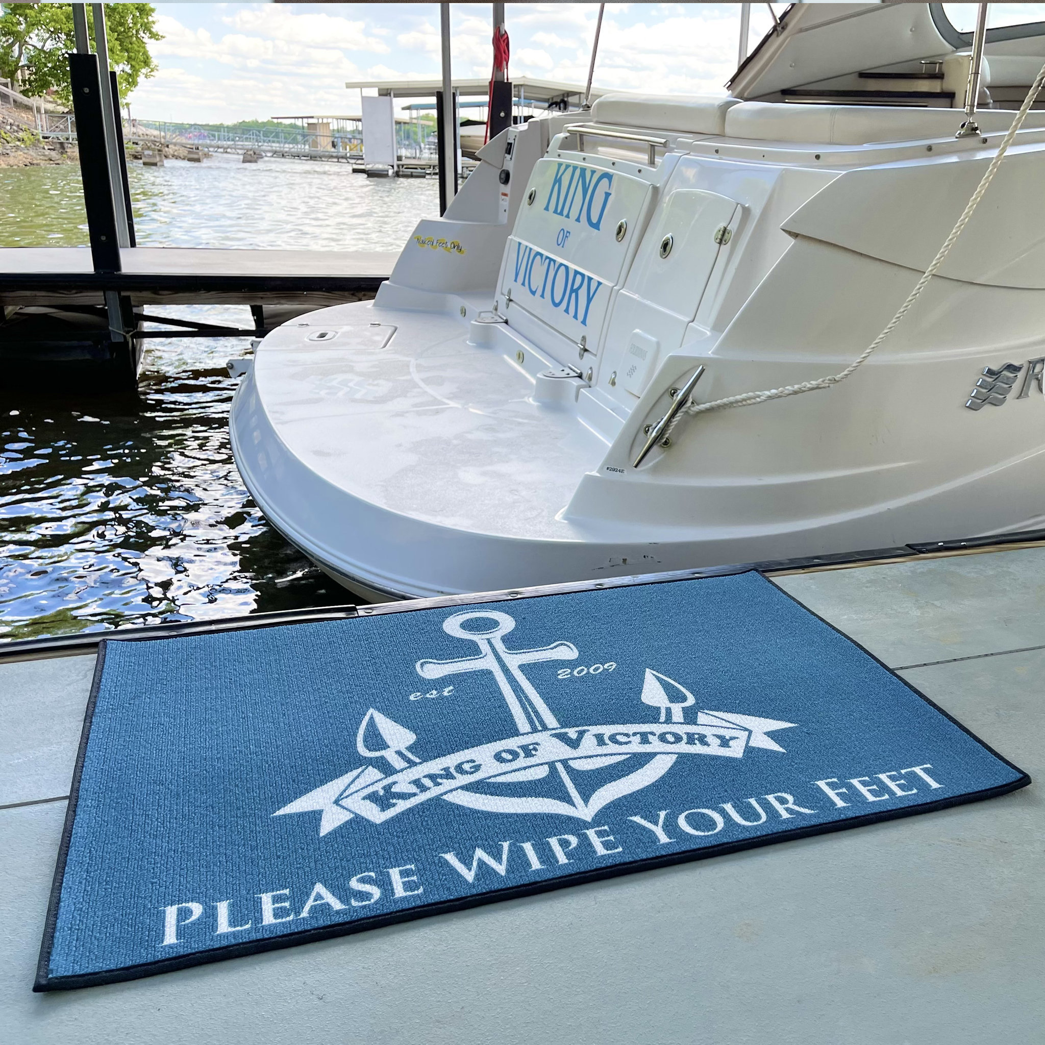 Personalised boat mat, Sailing yacht, narrow boat, blue door mat 60 x 40 cm