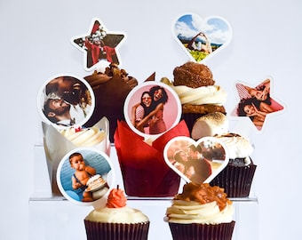 Custom Photo Cupcake Toppers | Set of 100 Heart, Star, or Circle Shaped Toppers
