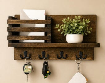 Coat Rack, Key Hanger, Mail Holder, Shelf with Hooks, Key Hook, Leash Hooks, Wall Mail Organizer, Entry Organizer, Mask Hooks