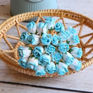 25stk.2 Tone Maulbeerpapier Rose Knospe Blume,Maulbeerblau & weiße Rose Knospe,Mini Rose Blume,Papierblume,Rose Blume,Rose Knospe