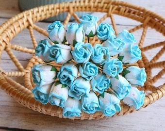 25pcs.2 Tone Mulberry Paper Rose Bud Flower,Mulberry Blue& White Rose Bud,Mini Rose Flower,Paper Flower,Rose Flower,Rose Bud