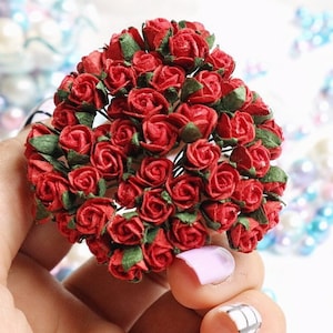 7 mm.50 StückMaulbeerpapier-Blume,Maulbeerrot-Rose,Mini-Rosenblume,Papierblume,Roseblume