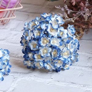 50 Stk.15 mm.Miniatur Maulbeerpapier Double Layer 2 Ton Dunkelblau und Weiß Kirschblüte, Miniatur Papierblume, Maulbeerbaumpapier