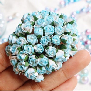 Papieren bloem moerbeiboom, 2-kleurige moerbeiboom blauwe en witte roos, mini-roos, papieren bloem, roze bloem