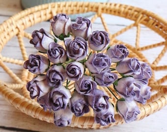 25 Stück.Mulberry Paper Rose mit Knospe,Mulberry Purple & Ivory Rose,Mini Rose Blume,Papierblume,Rose Blume,Rose Knospe