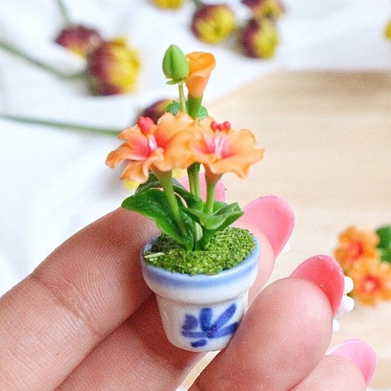 Orange Hibiscus Flowers Chinese Rose 3 Bunches Clay Flowers Miniature Dollhouse