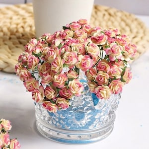10 mm. Papieren bloem moerbeiboom, 2 tinten geel en roze moerbeiroos, mini-roos, papieren bloem, roze bloem, doe-het-zelf ambachten, miniatuur