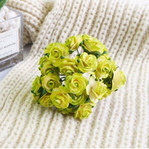 20 mm. 25pcs.2 Tone papieren bloem moerbei, moerbei groene en gele roos, mini roos, papieren bloem, roze bloem, doe-het-zelf ambachten