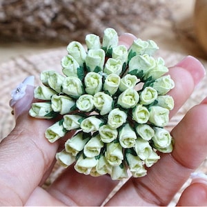5 mm. 50 uds.Flor de papel de morera,Rosa verde claro de morera,Mini flor de rosa,Flor de papel,Flor de rosa,Manualidades de bricolaje,Decoración de tarjetas de boda