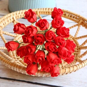 25 piezas. Flor de capullo de rosa de papel de morera, rosa roja de mora, mini flor de rosa, flor de papel, flor de rosa, capullo de rosa