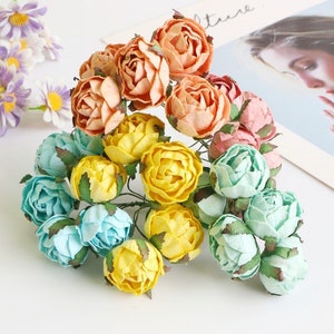 Mix 5 kleuren/5 stuks. 30 mm. Papieren moerbeiroos, moerbeiroos, mini-roos, papieren bloem, rozenknop, rozenknop