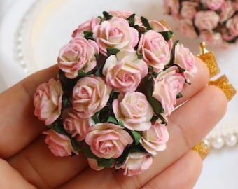 15mm. 50/100 pcs.Mulberry Paper Flower,Mulberry 2 tone Light Pink and Ivory Rose,Mini Rose Flower,Paper Flower,Rose Flower,DIY Crafts