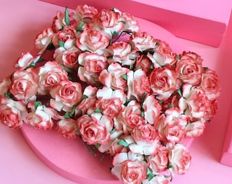 20 pcs.25 mm./ 1 inch Mulberry Paper Rose Flower,Mulberry Light Red and White Rose,Mini Rose Flower,Paper Flower,Rose Flower,Rose Bud