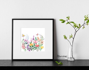Eileen Floral Meadow Square, stampa botanica, arte stampabile, poster da parete stampabile con fiori selvatici, inaugurazione della casa