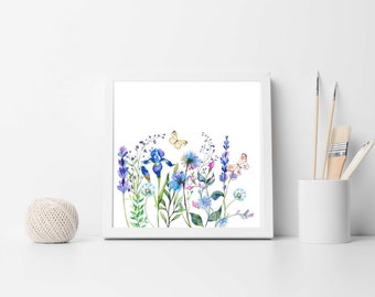 Blue Floral Meadow Square Art Digital Print Botanical Print, Printable Art, Wild Flowers Printable Wall Decor Poster Housewarming