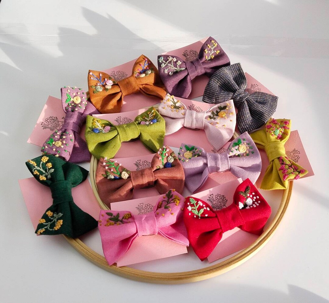 Hair Bow Clips Embroidery Hair Bow Linen Hair Bow Linen Etsy UK