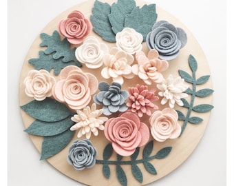 Aqua and Pink Handmade Flower Set ~ Felt Flowers ~ Wreaths ~ Wooden Decor