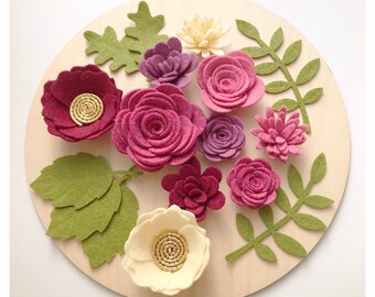 Aqua and Pink Handmade Flower Set ~ Felt Flowers ~ Wreaths ~ Wooden Decor