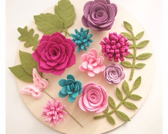 Aqua and Pink Handmade Flower Set ~ Felt Flowers ~ Wreaths ~ Wooden Decor