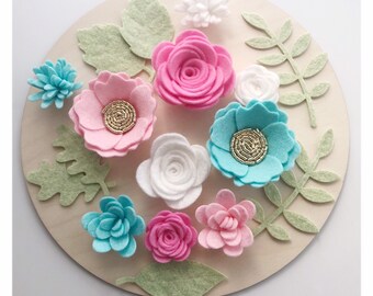 Aqua and Pink Handmade Flower Set ~ Felt Flowers ~ Wreaths ~ Wooden Decor