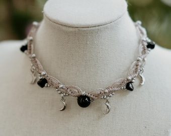 Witchy Boho Macrame Choker with Black Onyx & Black Obsidian – Adjustable Healing Gemstone Crystal Necklace