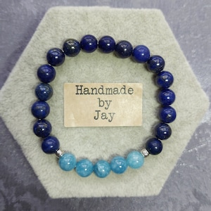 Natural Lapis Lazuli & Aquamarine for Insomnia and Headache Support Crystal Healing Beaded Bracelet. Throat Chakra Bracelet.  Gifts for Him.