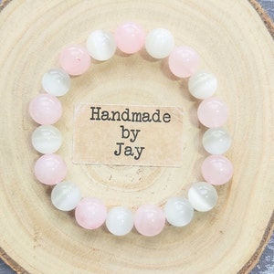 10mm Selenite & Rose Quartz for Calming, Concentrate, Clarity and Cleansing Crystal Healing Beaded Chakra Bracelet