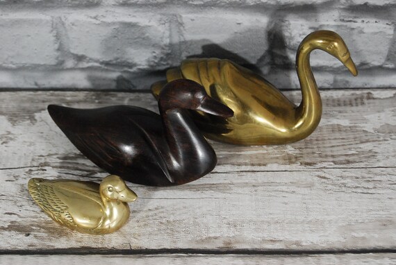 Vintage Brass Swan / Wooden Duck / Brass Duck