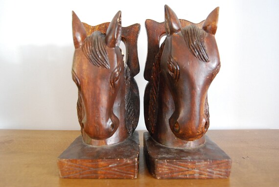 Vintage Hand Carved Wooden Horse Head Bookends