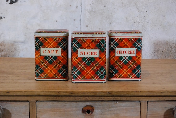 Antique French Tartan Tea Coffee and Sugar Tins